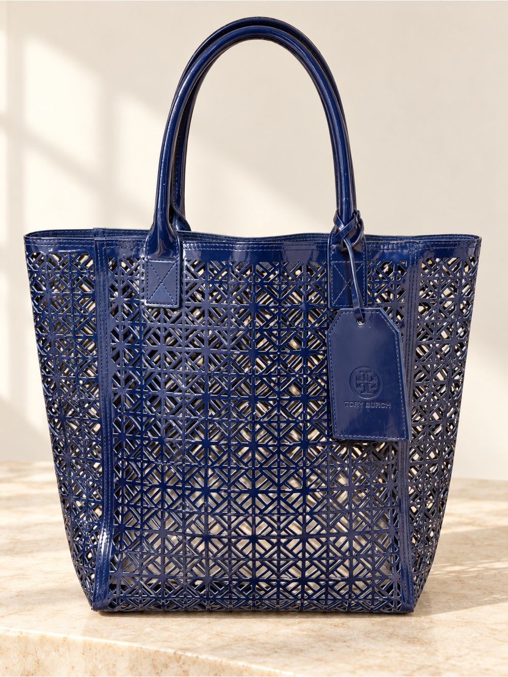 Tory Burch Deep Blue Perforated Leather Tote